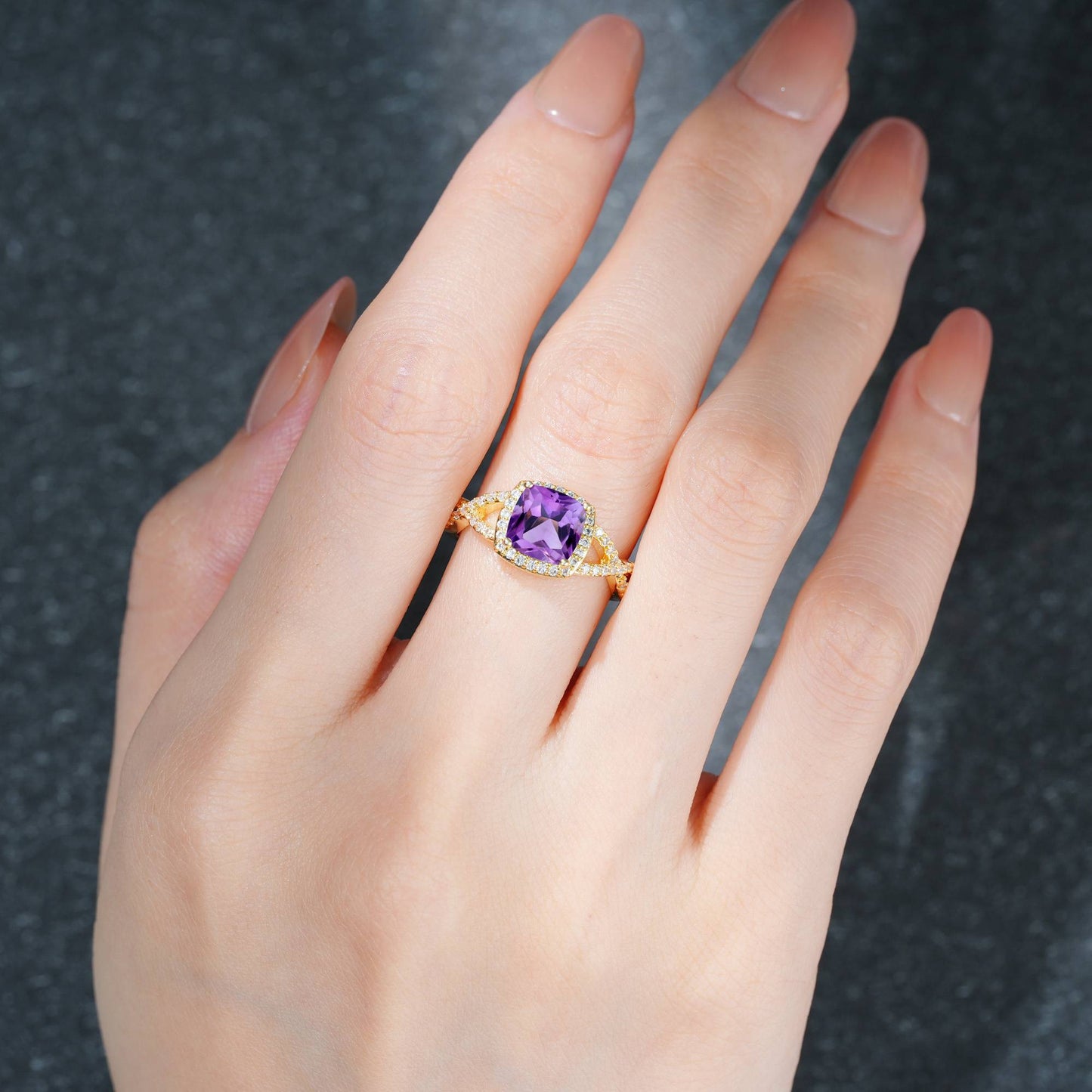 Cushion Cut Amethyst Halo Split Shank Engagement Ring - Additional view