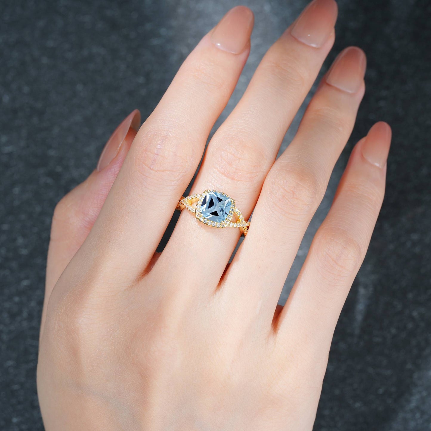 Cushion Cut Aquamarine Halo Split Shank Engagement Ring - Additional view