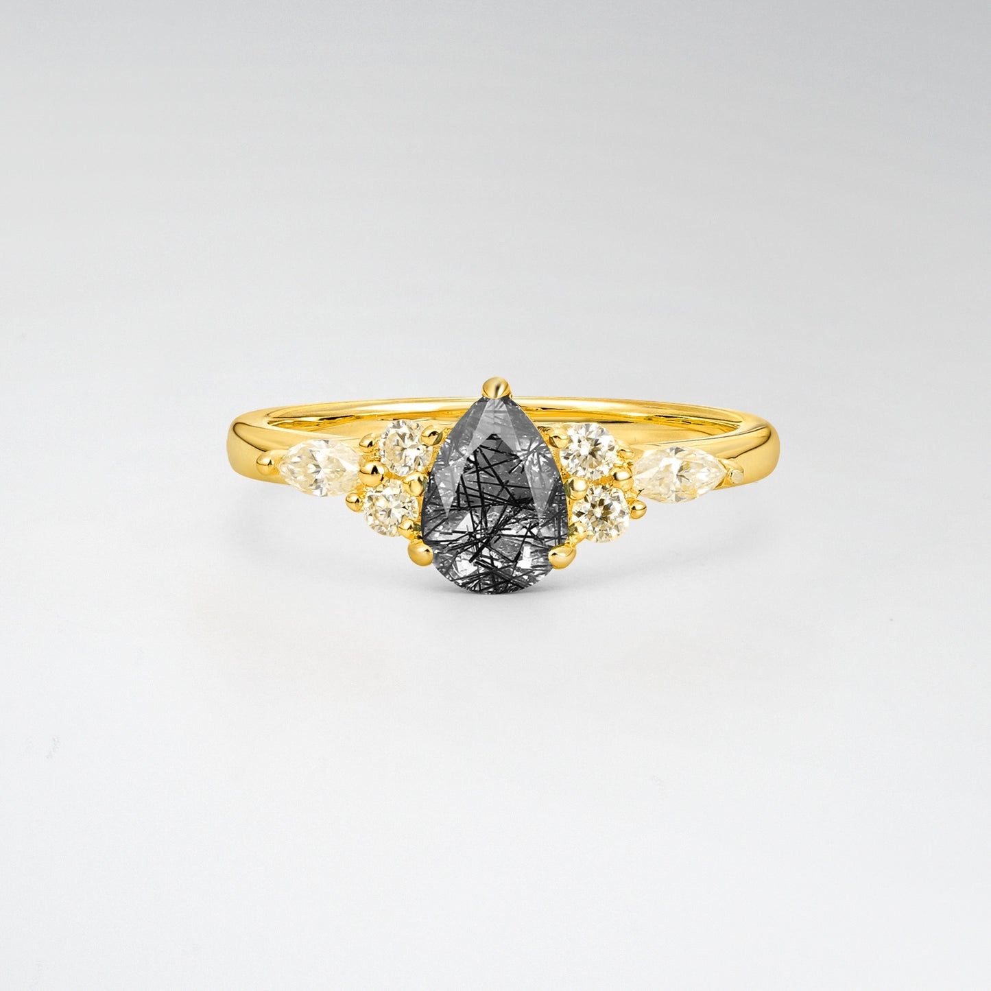 Pear Cut Black Rutilated Quartz Side Stone Engagement Ring for Her - Additional view