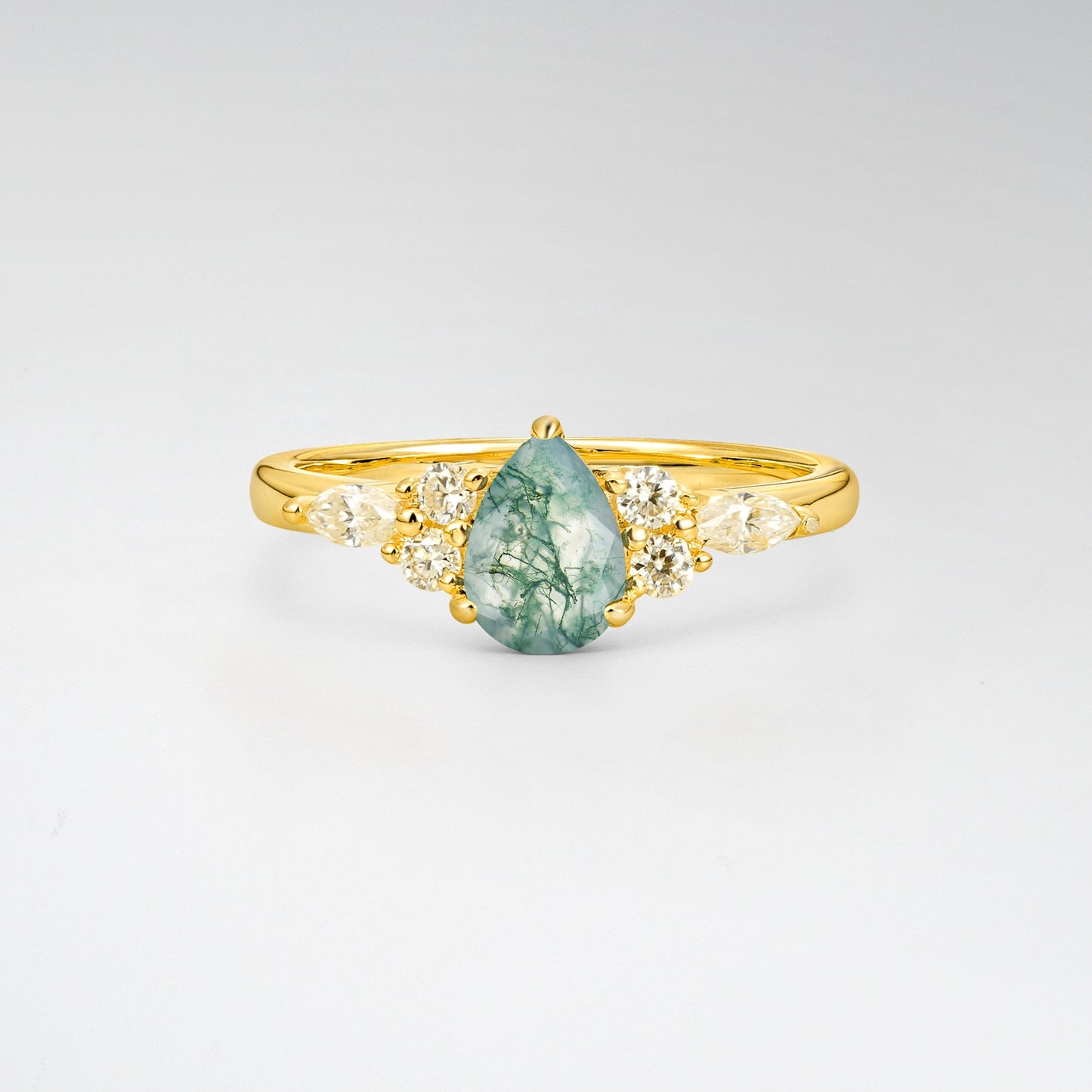Pear Cut Moss Agate Side Stone Engagement Ring for Her - Additional view