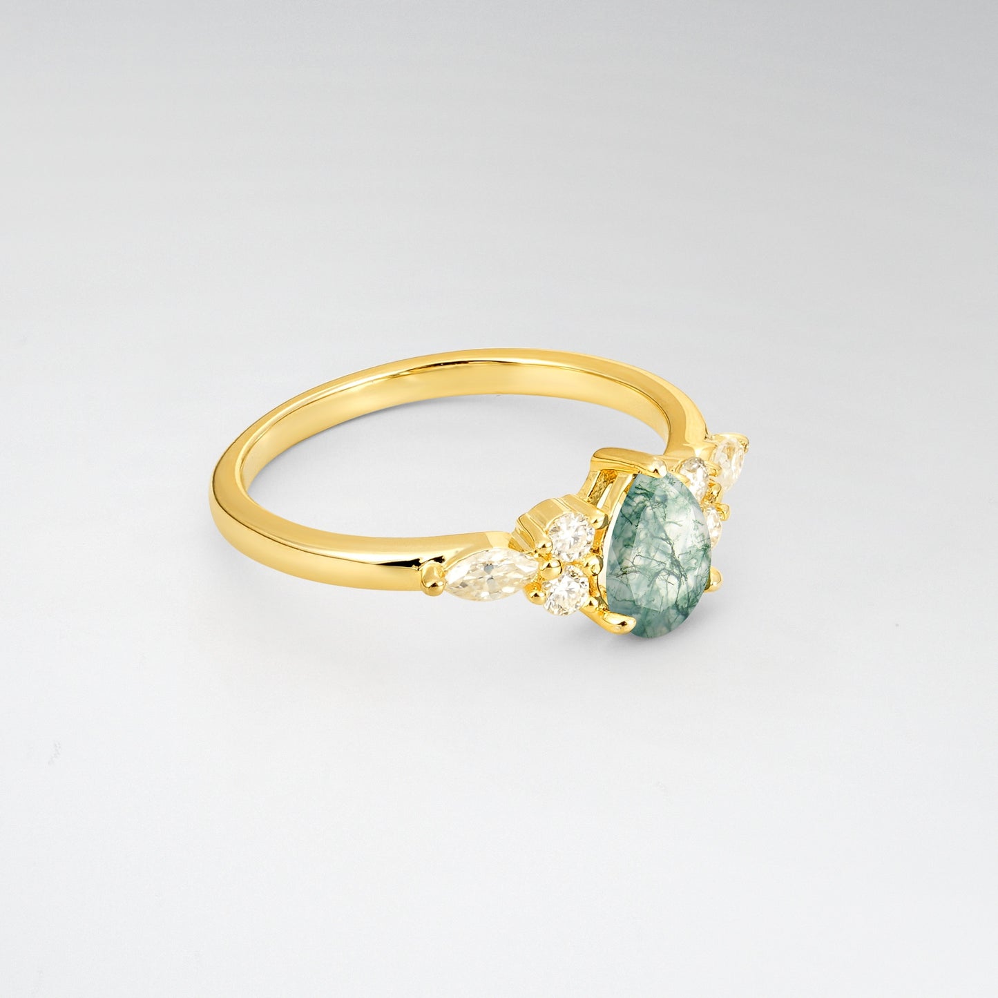 Pear Cut Moss Agate Side Stone Engagement Ring for Her - Additional view