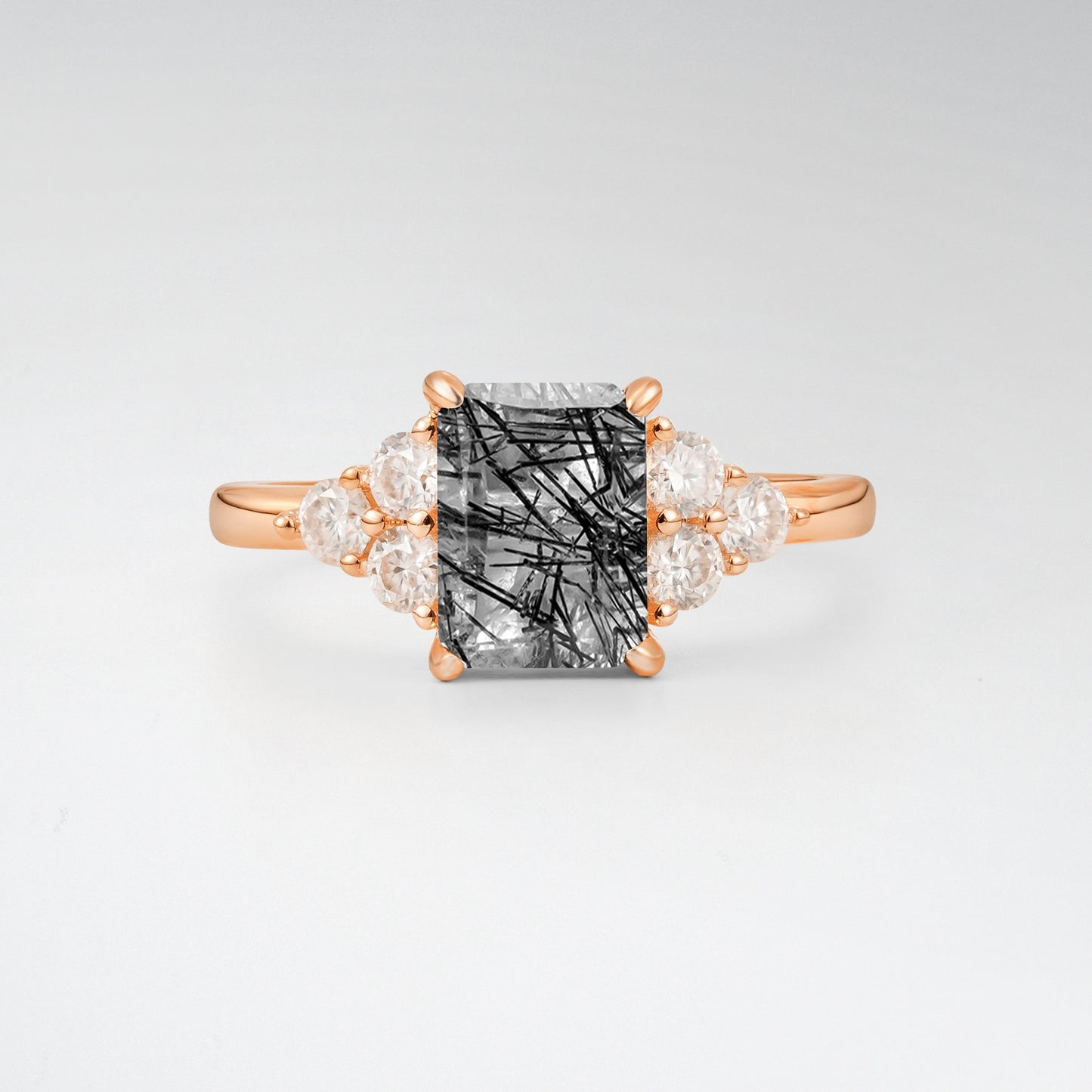 1.5 Carat Emerald Black Rutilated Quartz Floral Cluster Side Stone Engagement Ring - Additional view