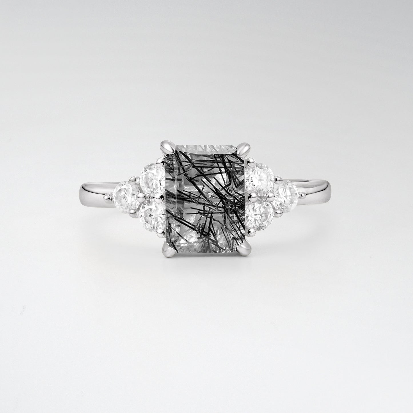 1.5 Carat Emerald Black Rutilated Quartz Floral Cluster Side Stone Engagement Ring - Additional view