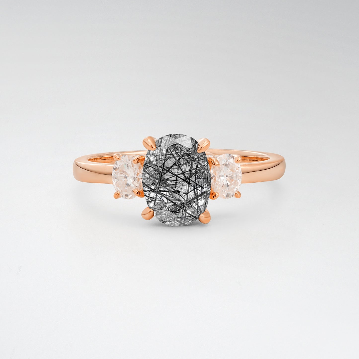 Classic Oval Cut Black Rutilated Quartz 1.5CT Three Stone Engagement Ring - Additional view
