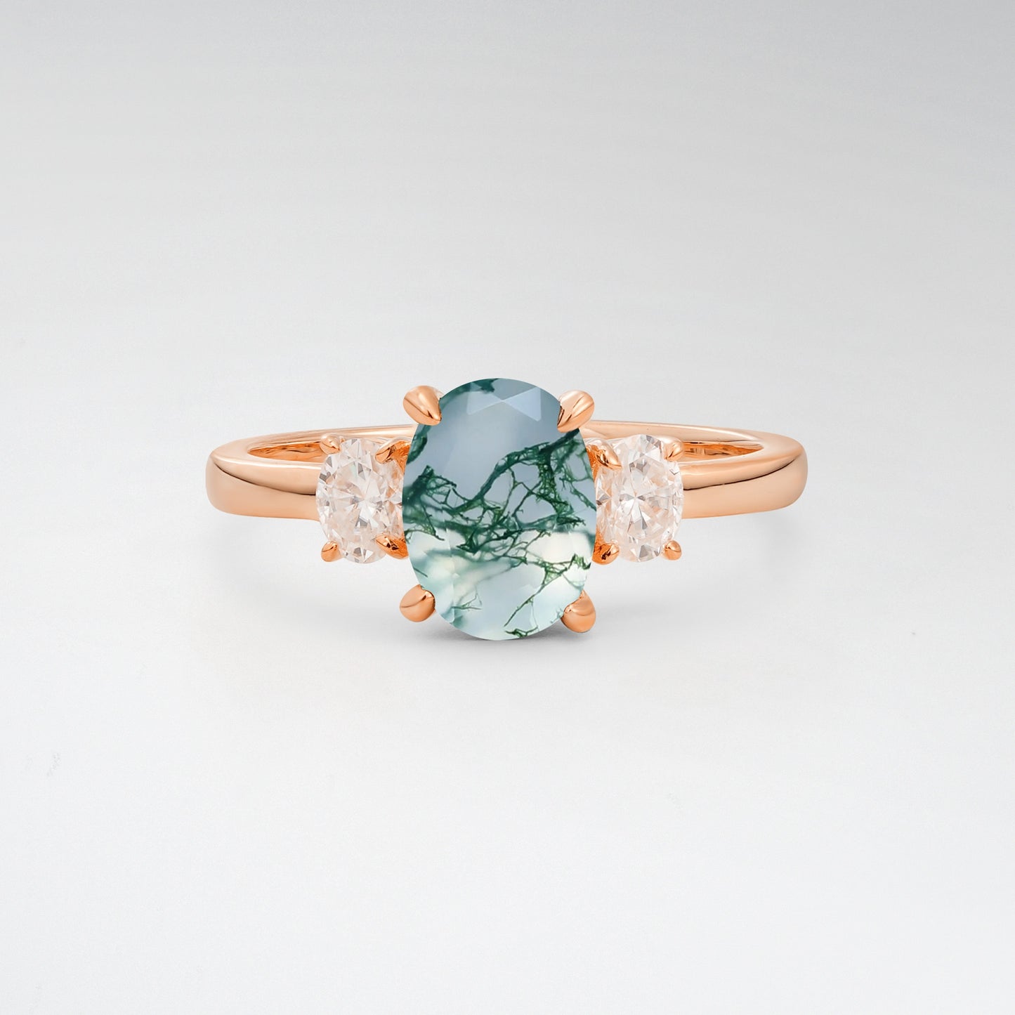 Classic Oval Cut Moss Agate 1.5CT Three Stone Engagement Ring - Additional view
