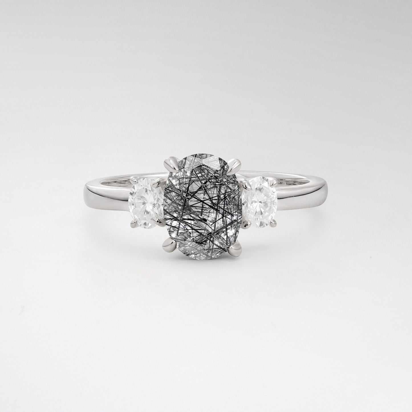 Classic Oval Cut Black Rutilated Quartz 1.5CT Three Stone Engagement Ring - Additional view