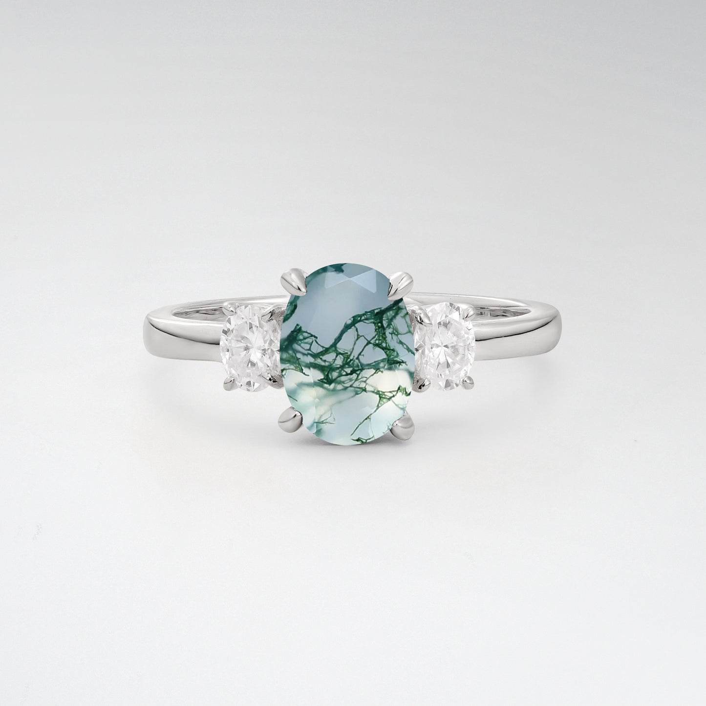 Classic Oval Cut Moss Agate 1.5CT Three Stone Engagement Ring - Additional view