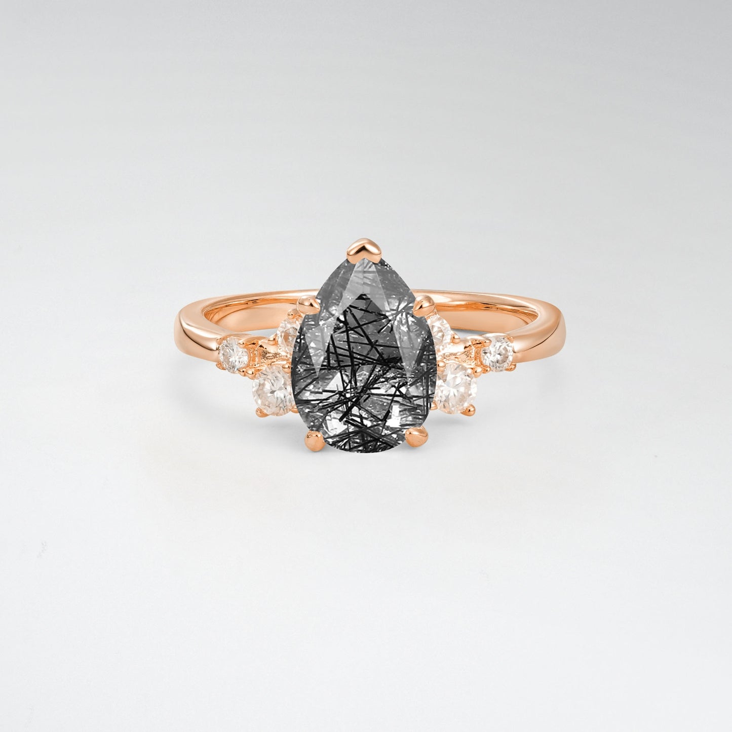 Unique Teardrop Shaped Black Rutilated Quartz Side Stone Cluster Engagement Ring - Additional view
