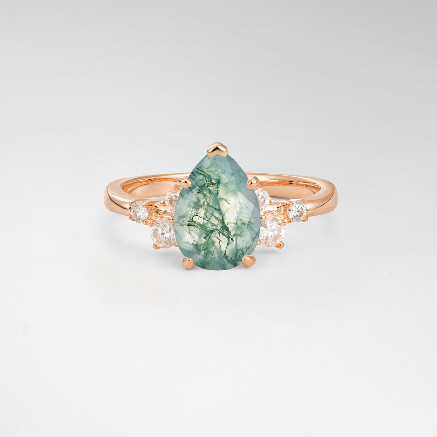 Unique Teardrop Moss Agate Side Stone Cluster Engagement Ring - Additional view