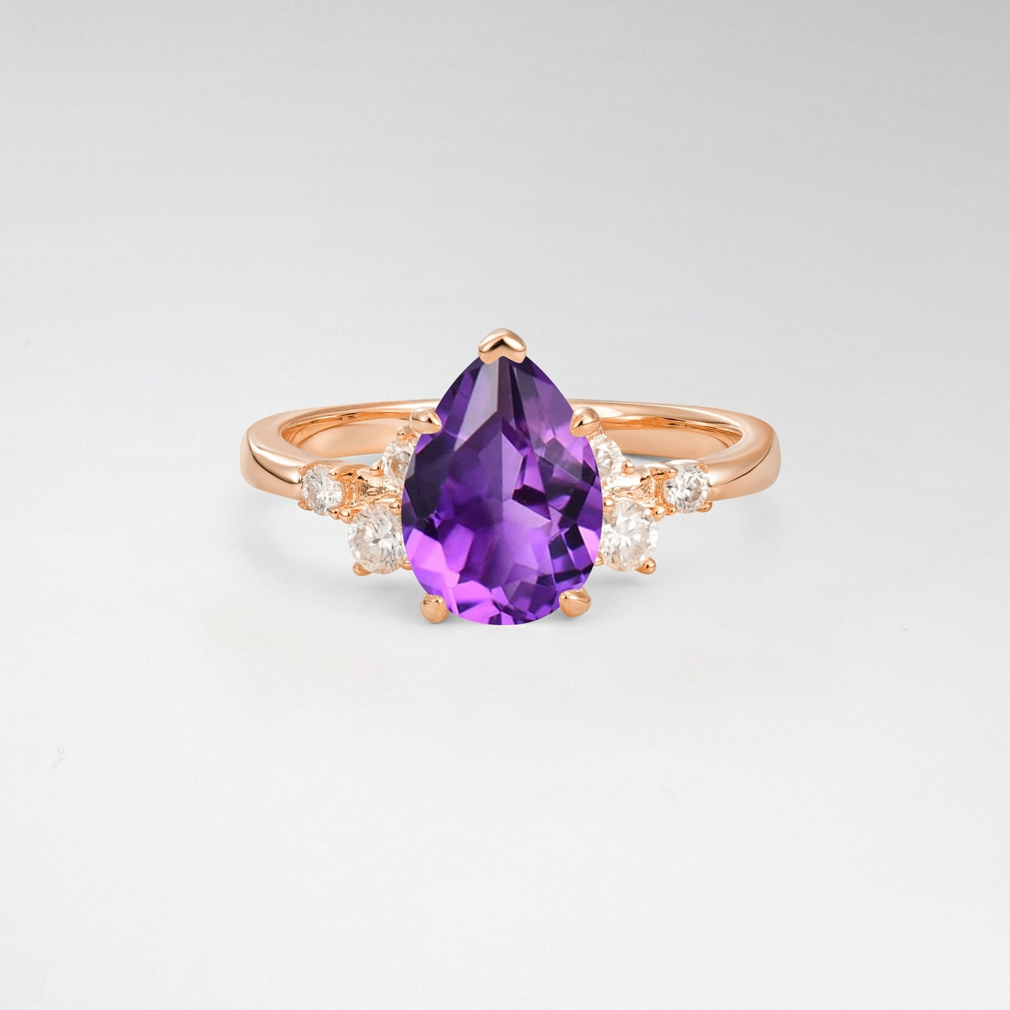 Unique Teardrop Shaped Amethyst Side Stone Cluster Engagement Ring - Additional view