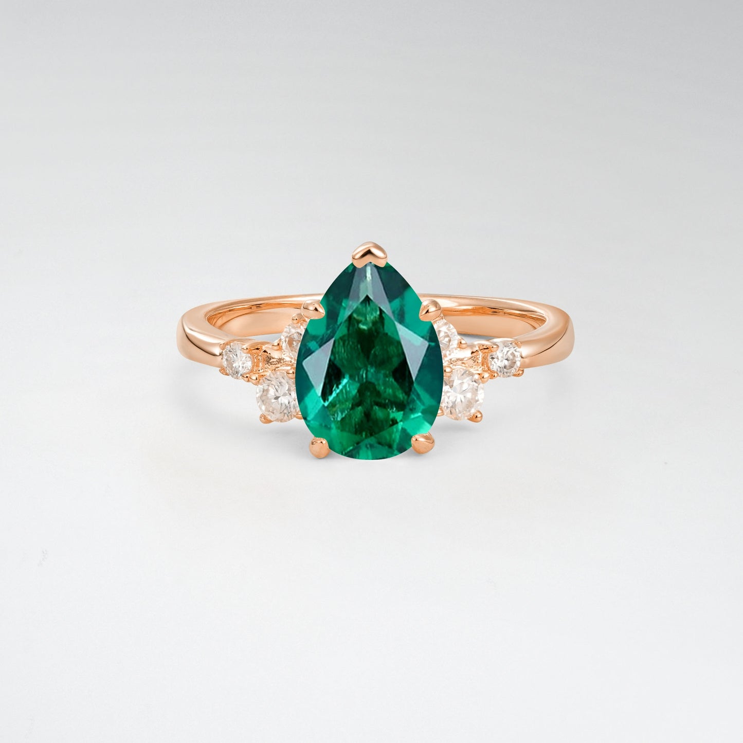 Unique Teardrop Emerald Side Stone Cluster Engagement Ring - Additional view