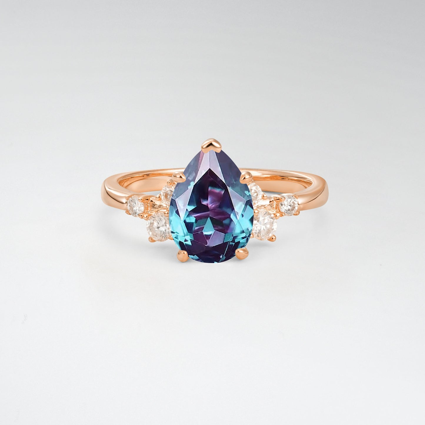 Unique Teardrop Shaped Alexandrite Side Stone Cluster Engagement Ring - Additional view