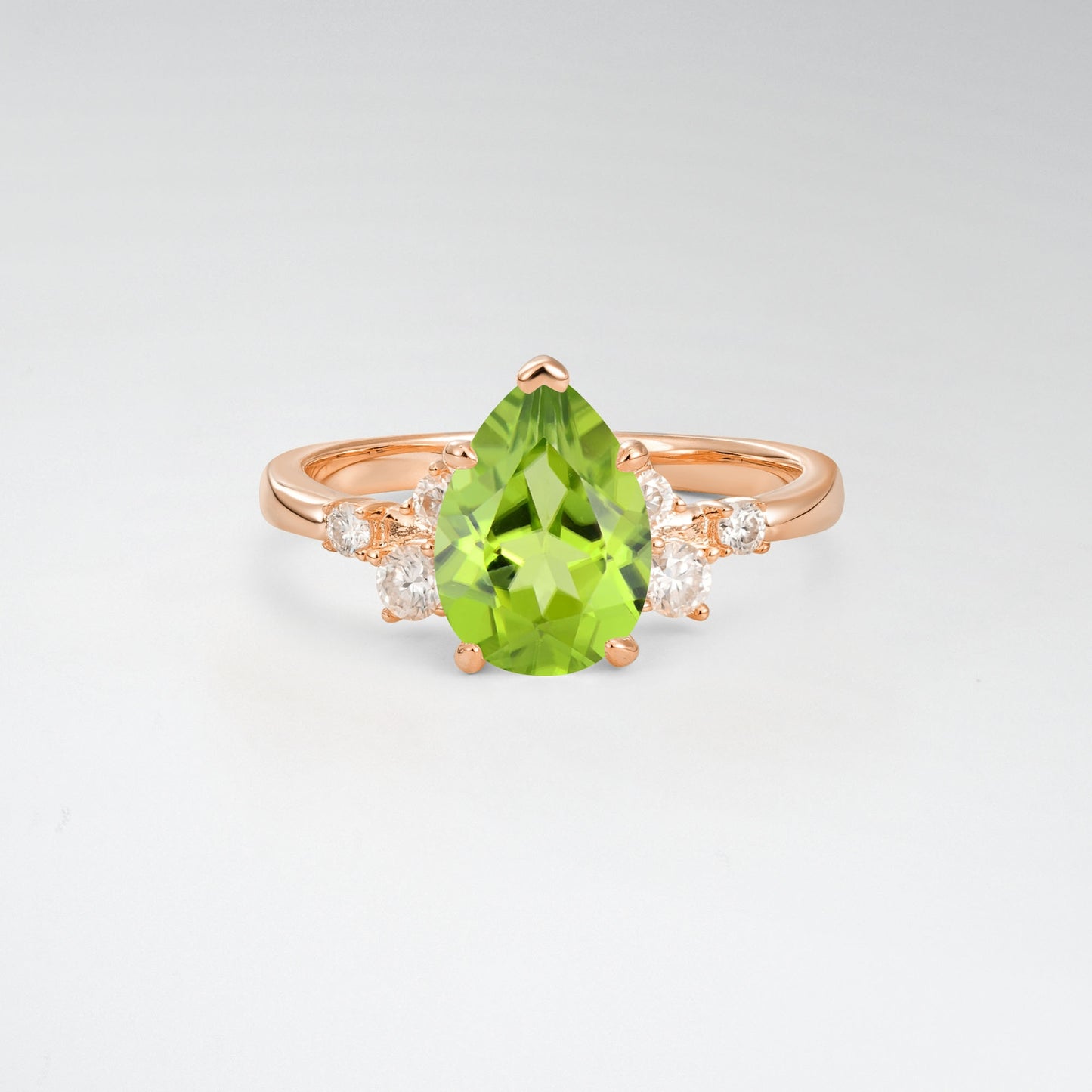 Unique Teardrop Peridot Side Stone Cluster Engagement Ring - Additional view