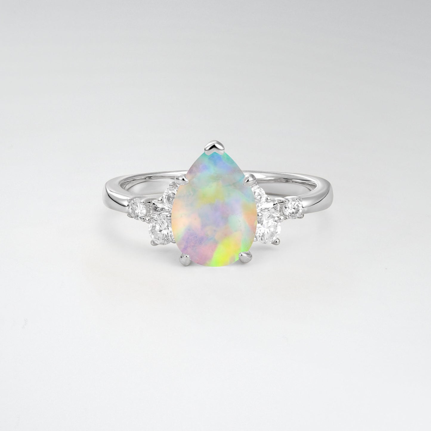 Unique Teardrop Shaped Opal Side Stone Cluster Engagement Ring - Additional view
