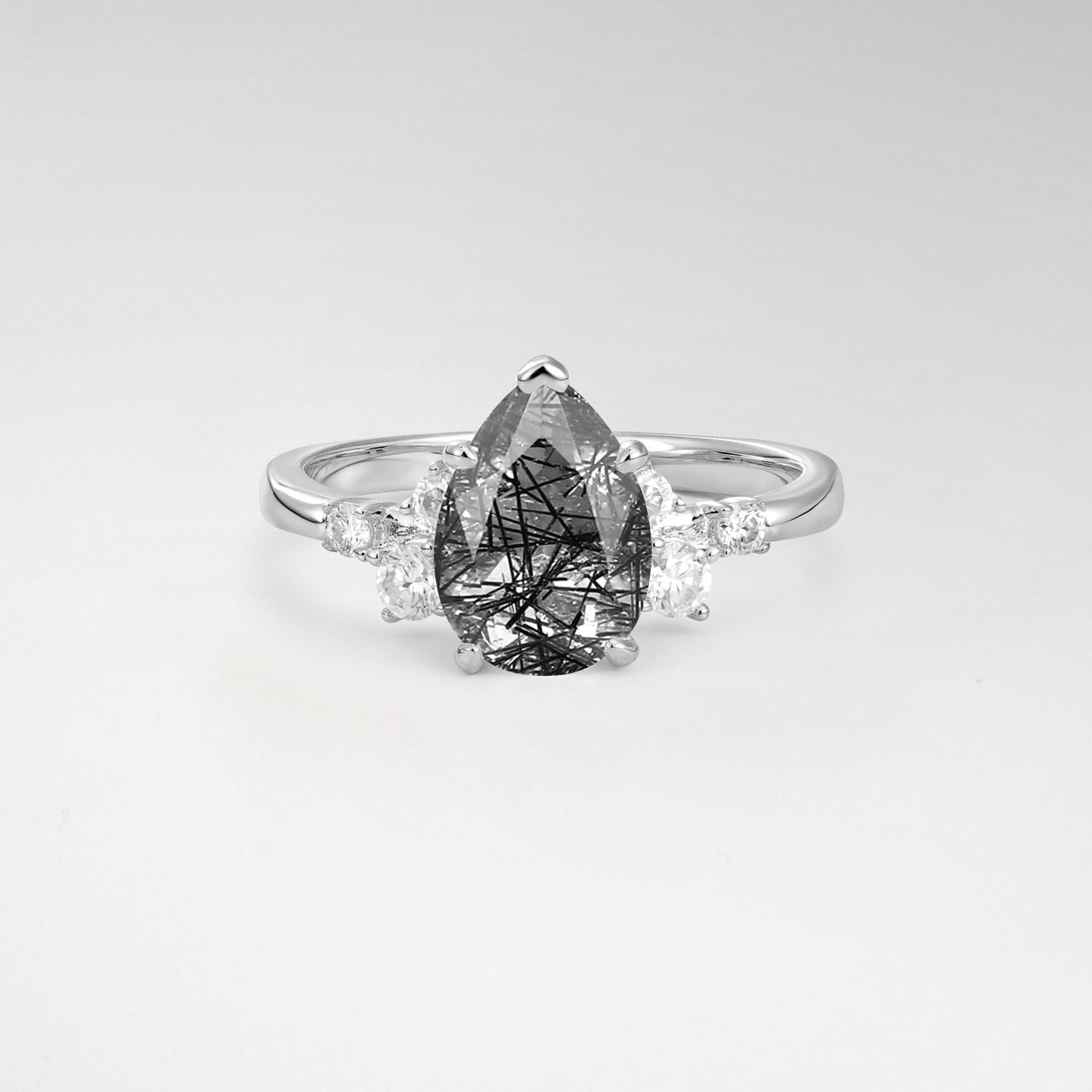 Unique Teardrop Shaped Black Rutilated Quartz Side Stone Cluster Engagement Ring - Additional view