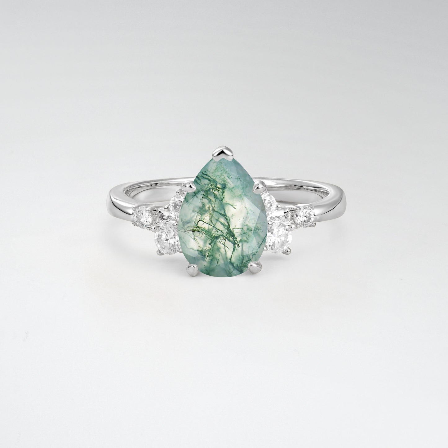 Unique Teardrop Moss Agate Side Stone Cluster Engagement Ring - Additional view