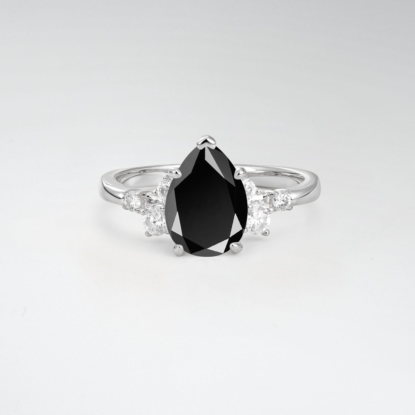 Unique Teardrop Shaped Black Onyx Side Stone Cluster Engagement Ring - Additional view