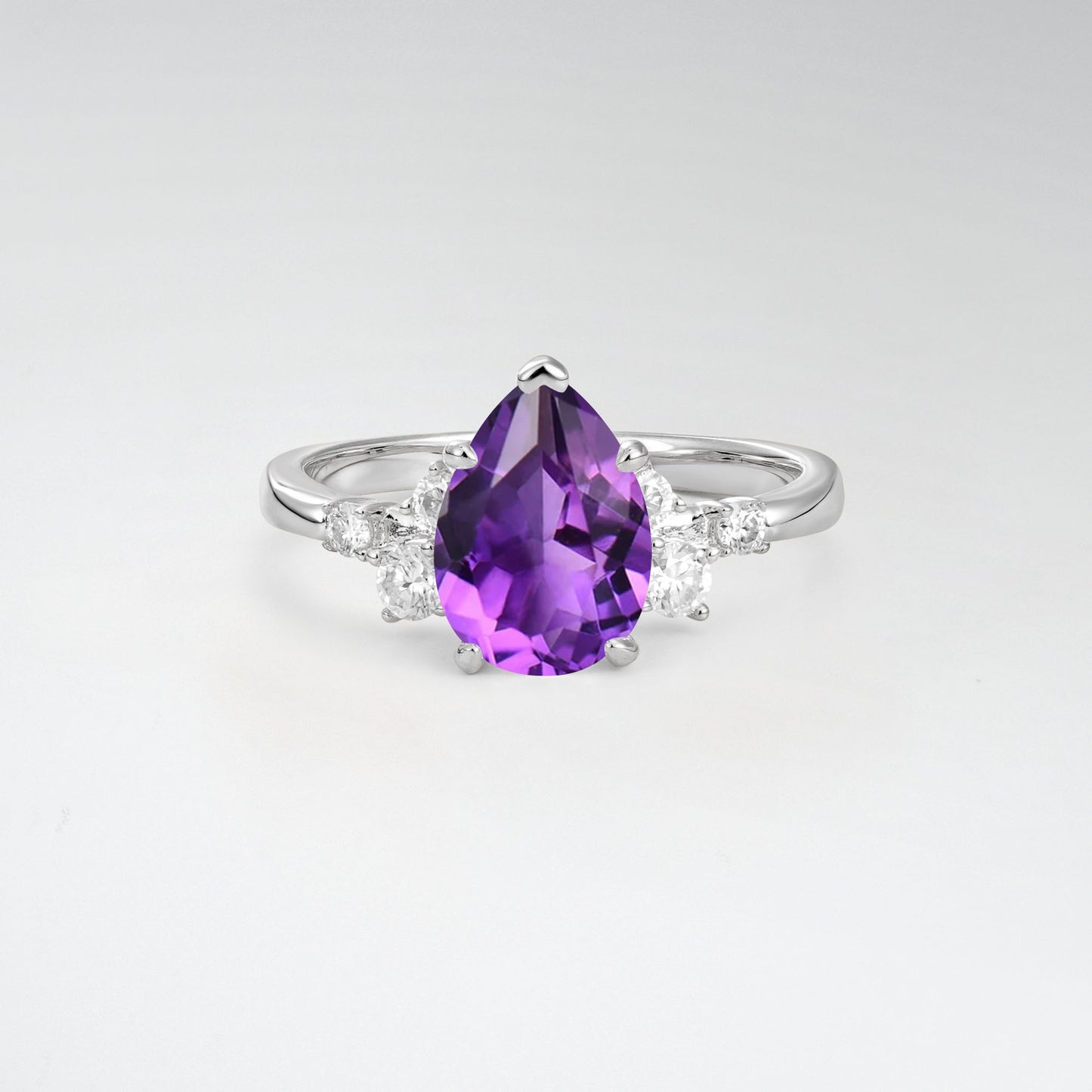 Unique Teardrop Shaped Amethyst Side Stone Cluster Engagement Ring - Additional view