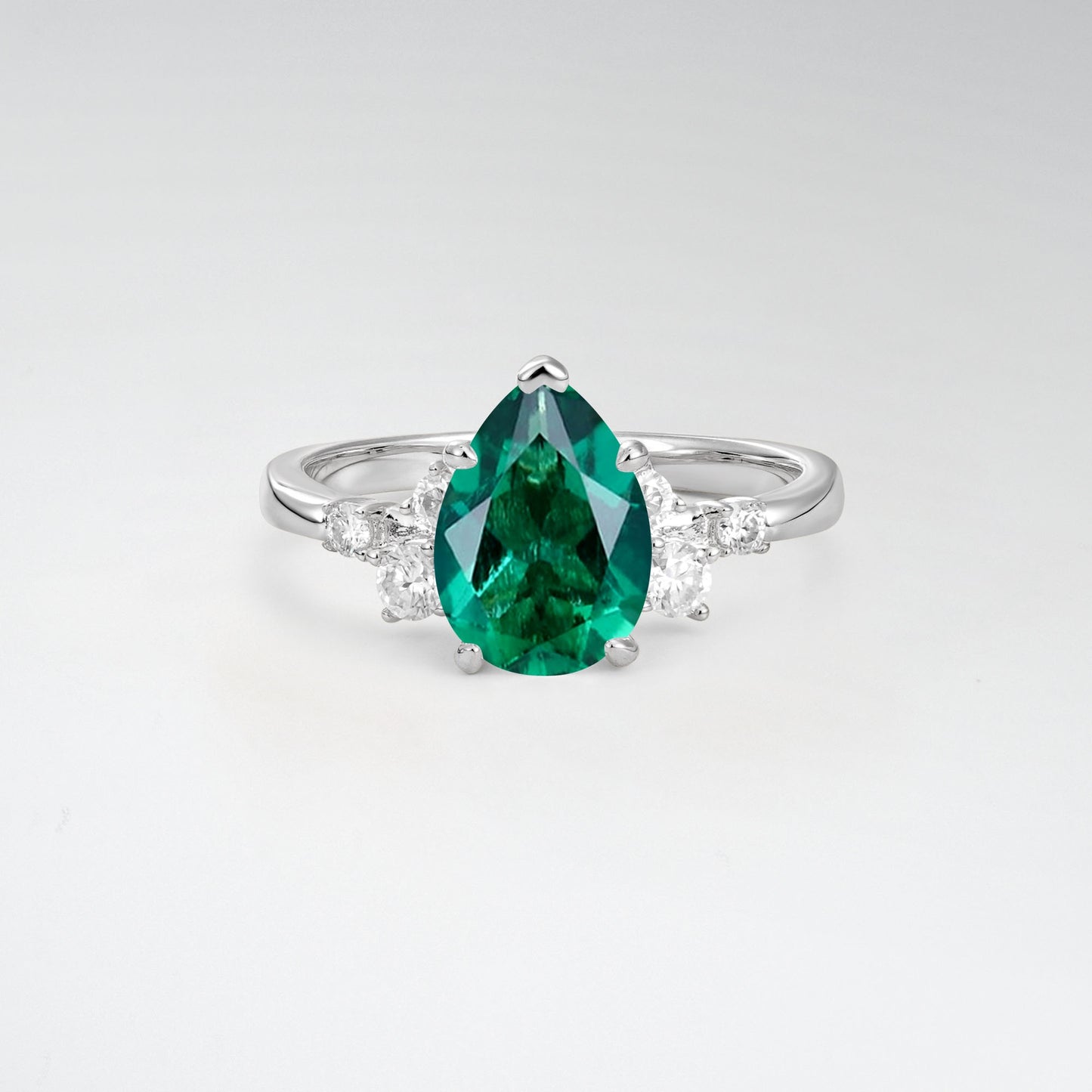 Unique Teardrop Emerald Side Stone Cluster Engagement Ring - Additional view