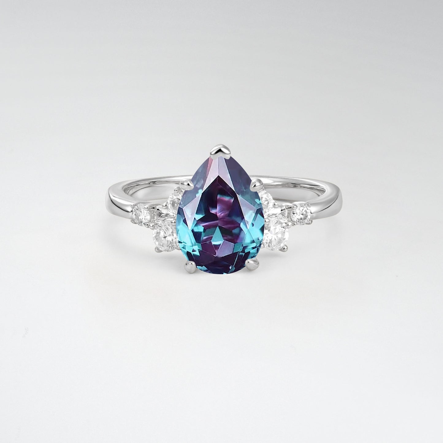 Unique Teardrop Shaped Alexandrite Side Stone Cluster Engagement Ring - Additional view