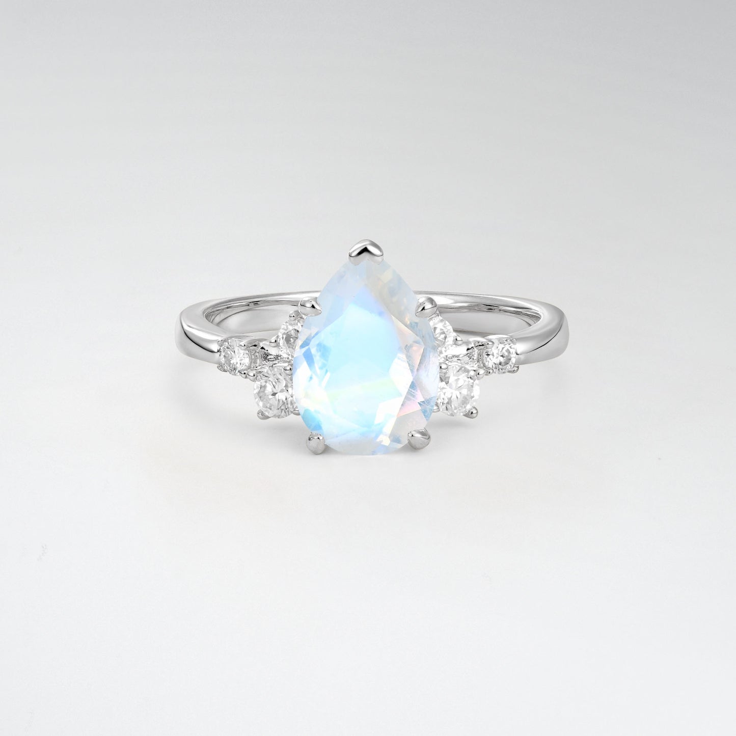 Unique Teardrop Shaped Moonstone Side Stone Cluster Engagement Ring - Additional view