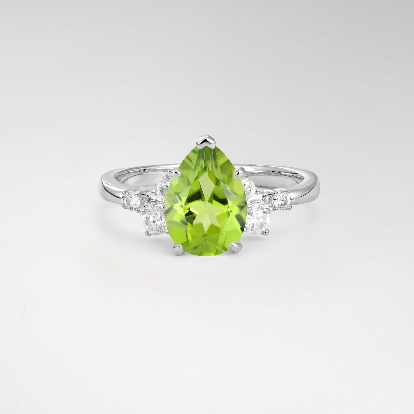 Unique Teardrop Peridot Side Stone Cluster Engagement Ring - Additional view
