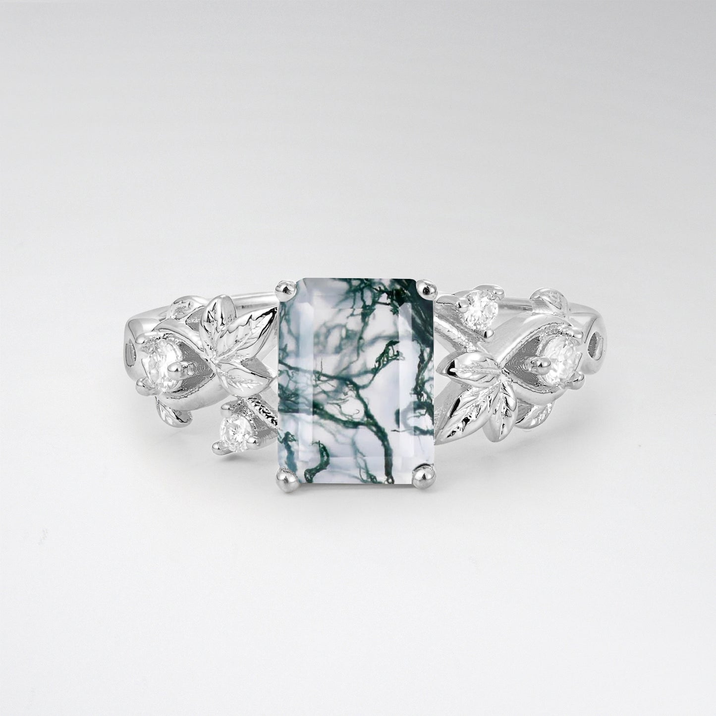 1.5CT Nature-Inspired Emerald Cut Moss Agate Engament Ring - Additional view
