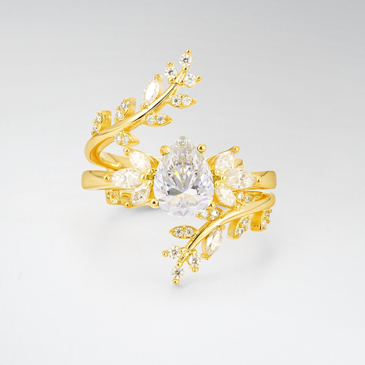 Pear Cut Moissanite Nature-Inspired Bridal Ring Set for Her - Yellow-Gold