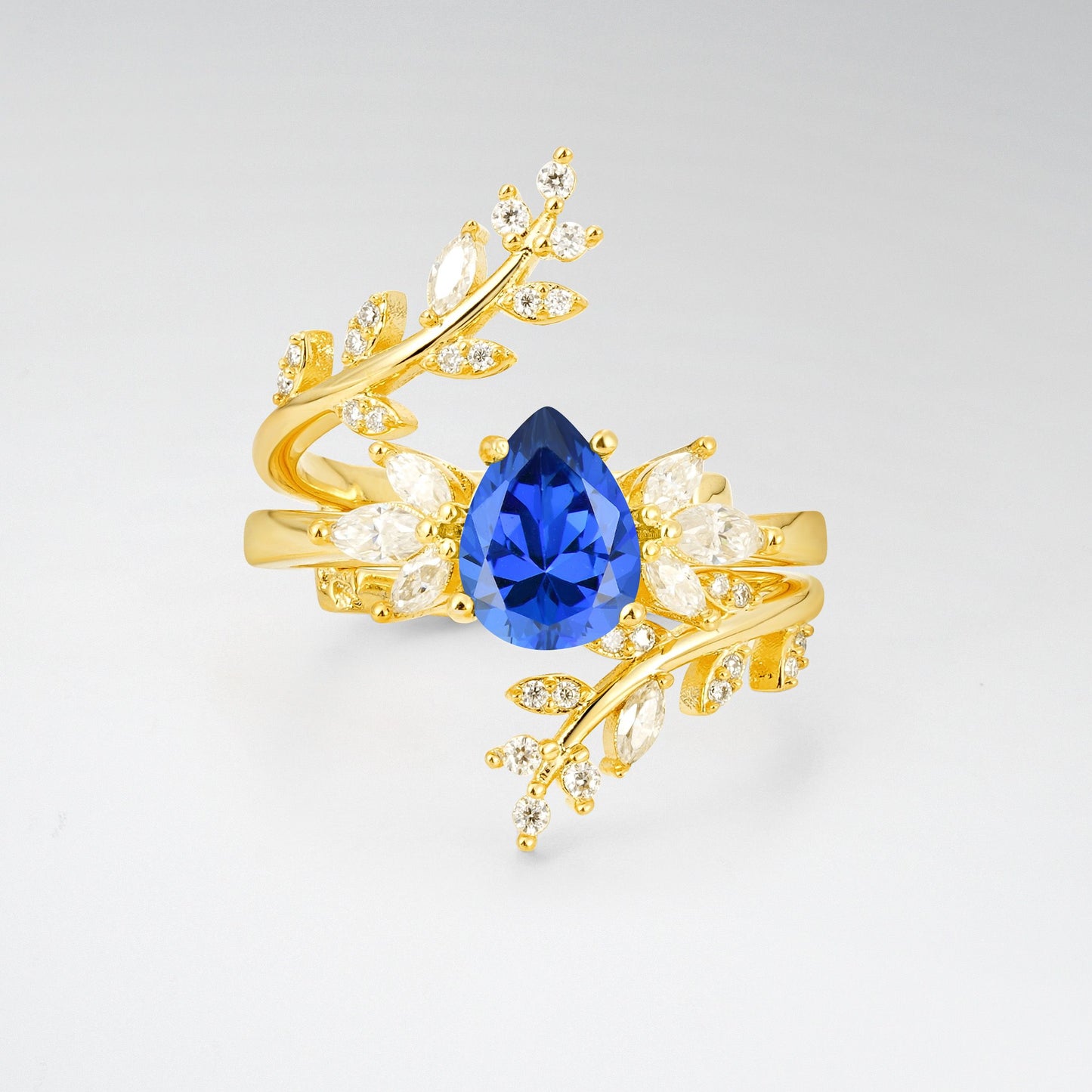 Pear Cut Sapphire Nature-Inspired Bridal Ring Set for Her - Yellow-Gold
