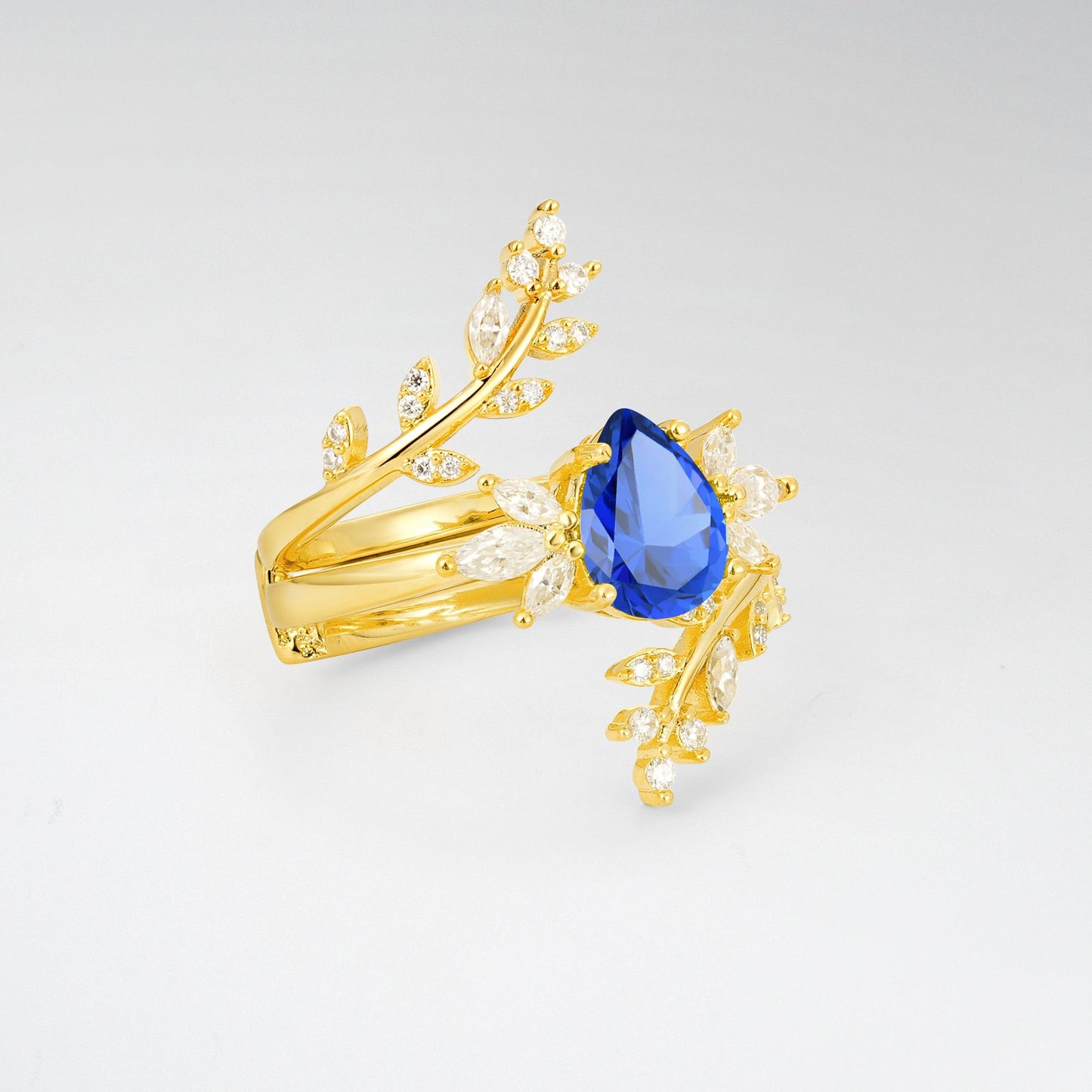Pear Cut Sapphire Nature-Inspired Bridal Ring Set for Her - Rose-Gold