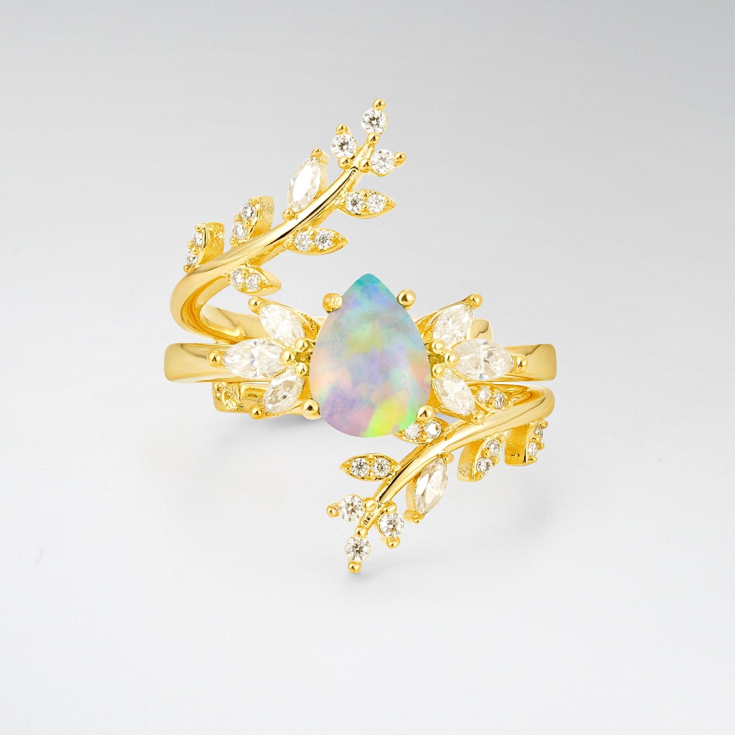 Pear Cut Opal Nature-Inspired Bridal Ring Set for Her - Yellow-Gold