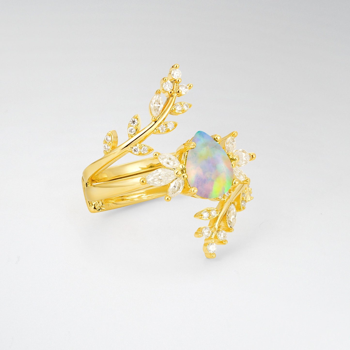 Pear Cut Opal Nature-Inspired Bridal Ring Set for Her - Rose-Gold