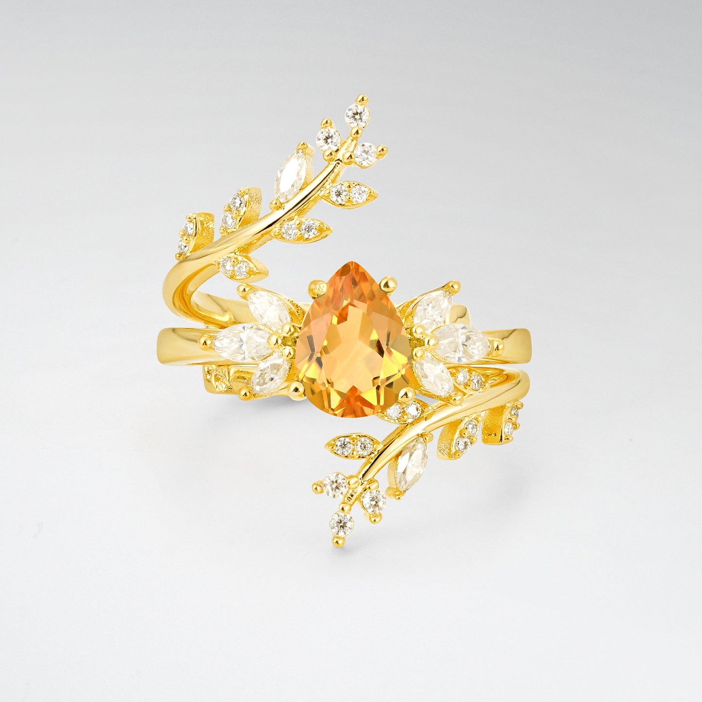 Pear Cut Citrine Nature-Inspired Bridal Ring Set for Her - Yellow-Gold