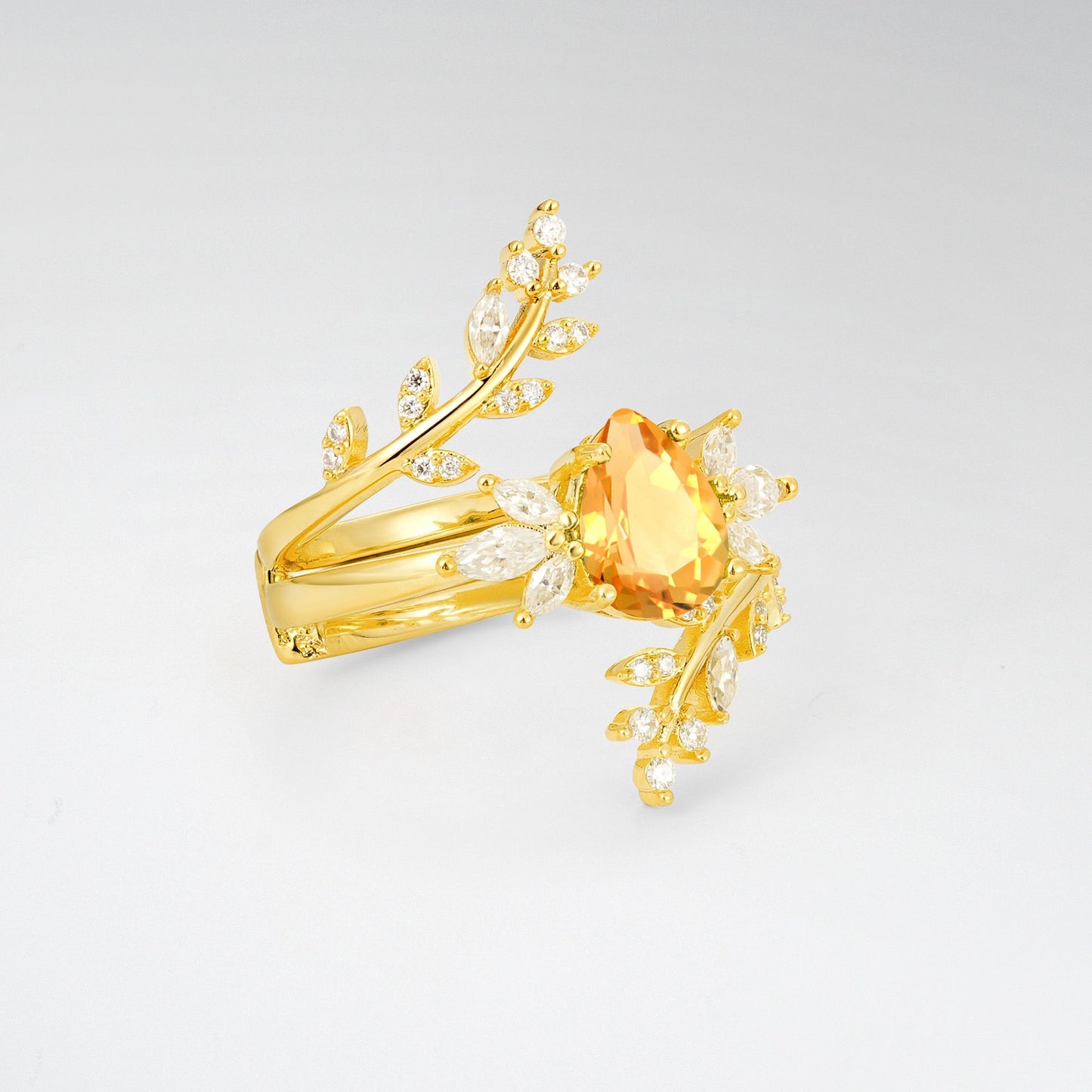 Pear Cut Citrine Nature-Inspired Bridal Ring Set for Her - Rose-Gold