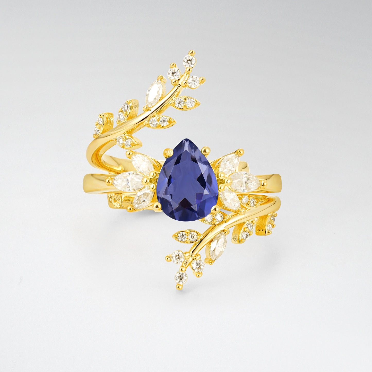 Pear Cut Tanzanite Nature-Inspired Bridal Ring Set for Her - Yellow-Gold
