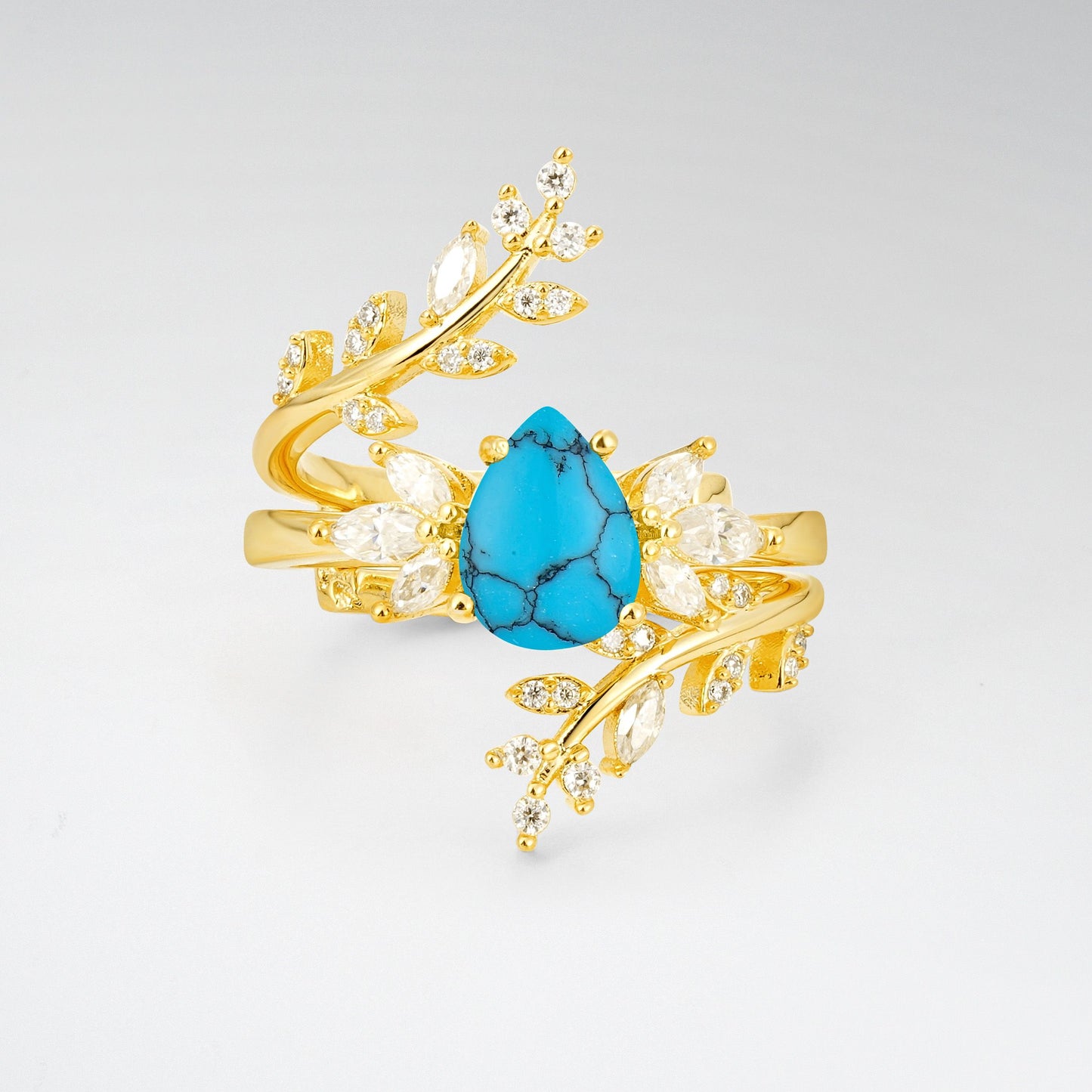 Pear Cut Turquoise Nature-Inspired Bridal Ring Set for Her - Yellow-Gold