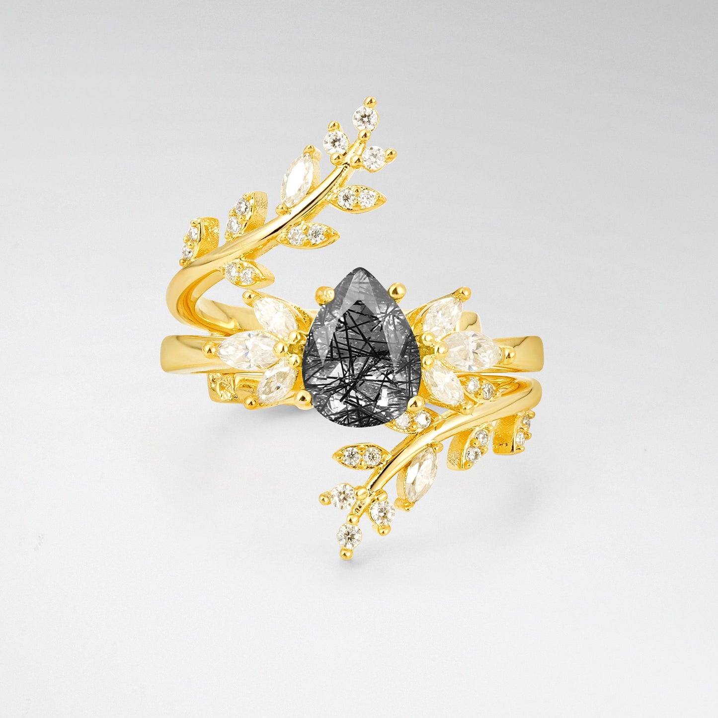 Pear Cut Black Rutilated Quartz Nature-Inspired Bridal Ring Set for Her - Yellow-Gold