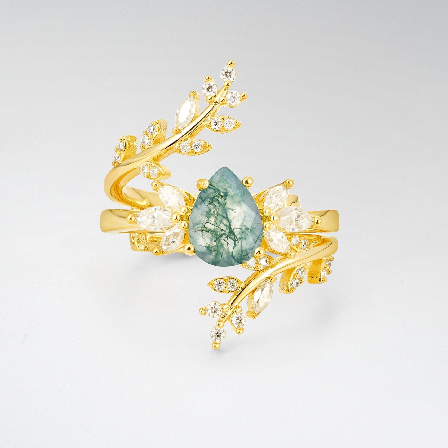 Pear Cut Moss Agate Nature-Inspired Bridal Ring Set for Her - Yellow-Gold
