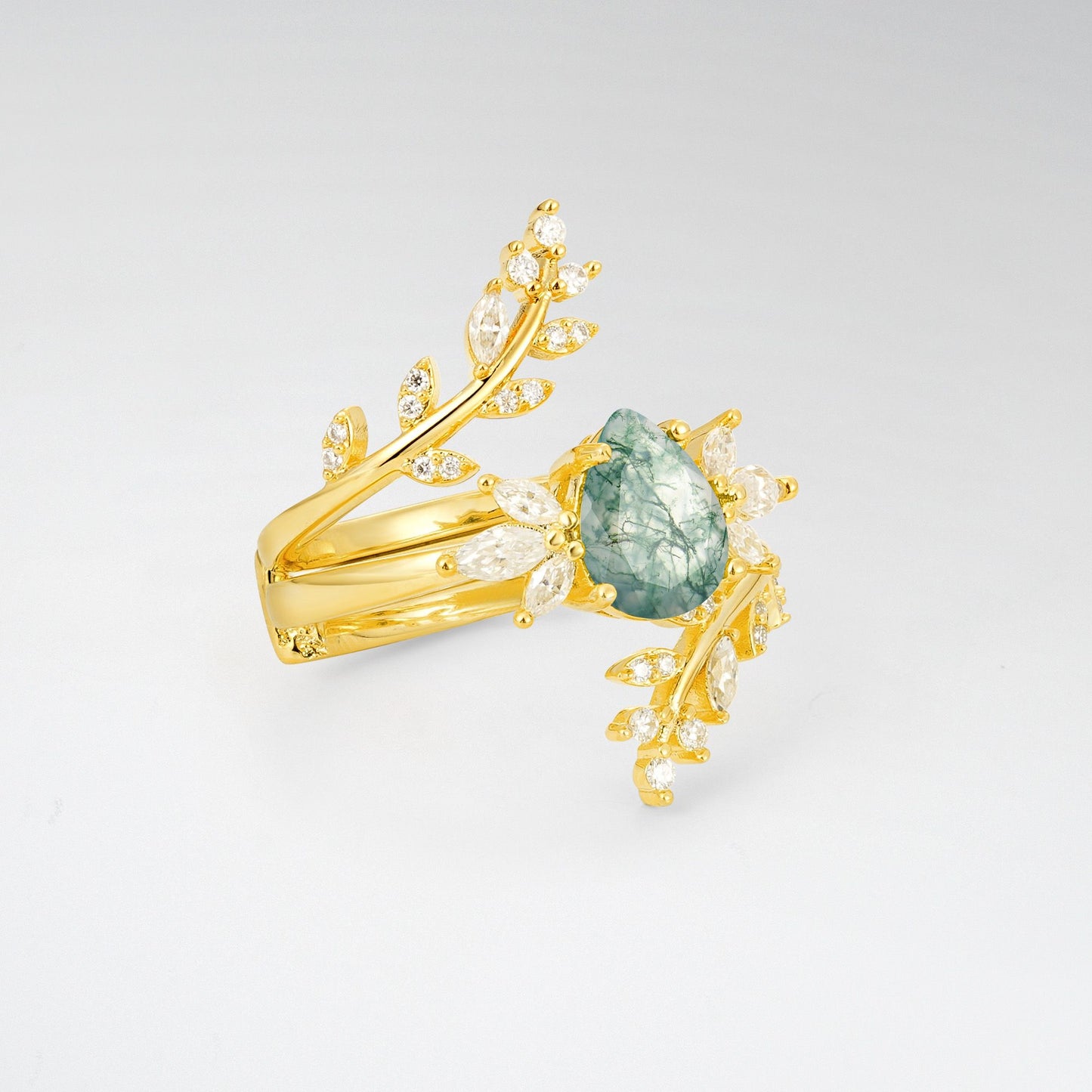 Pear Cut Moss Agate Nature-Inspired Bridal Ring Set for Her - Rose-Gold