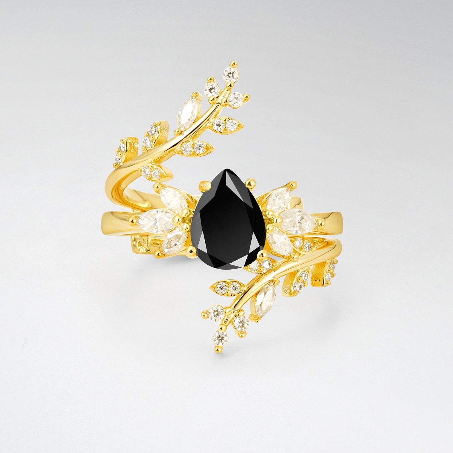 Pear Cut Black Onyx Nature-Inspired Bridal Ring Set for Her - Yellow-Gold