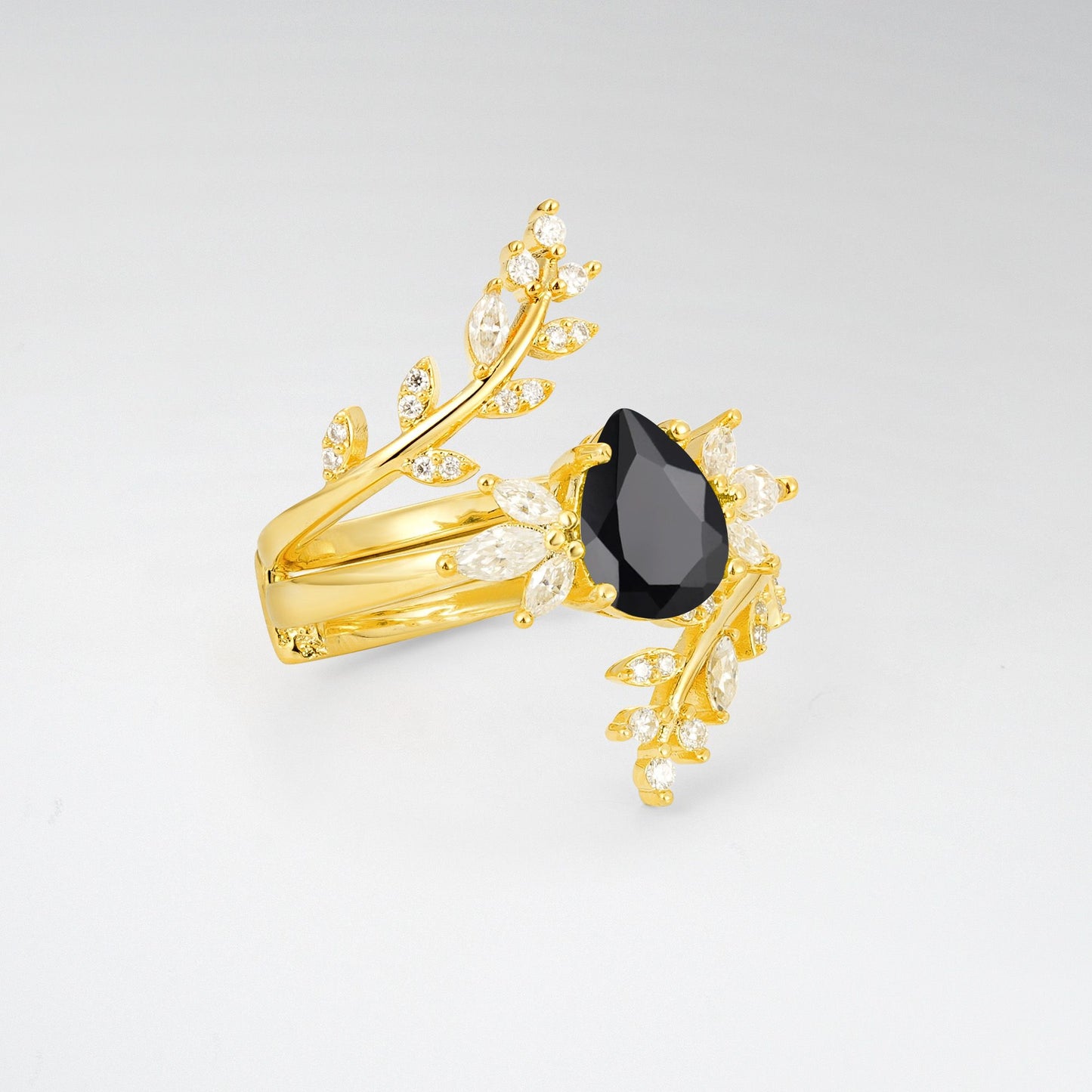 Pear Cut Black Onyx Nature-Inspired Bridal Ring Set for Her - Rose-Gold