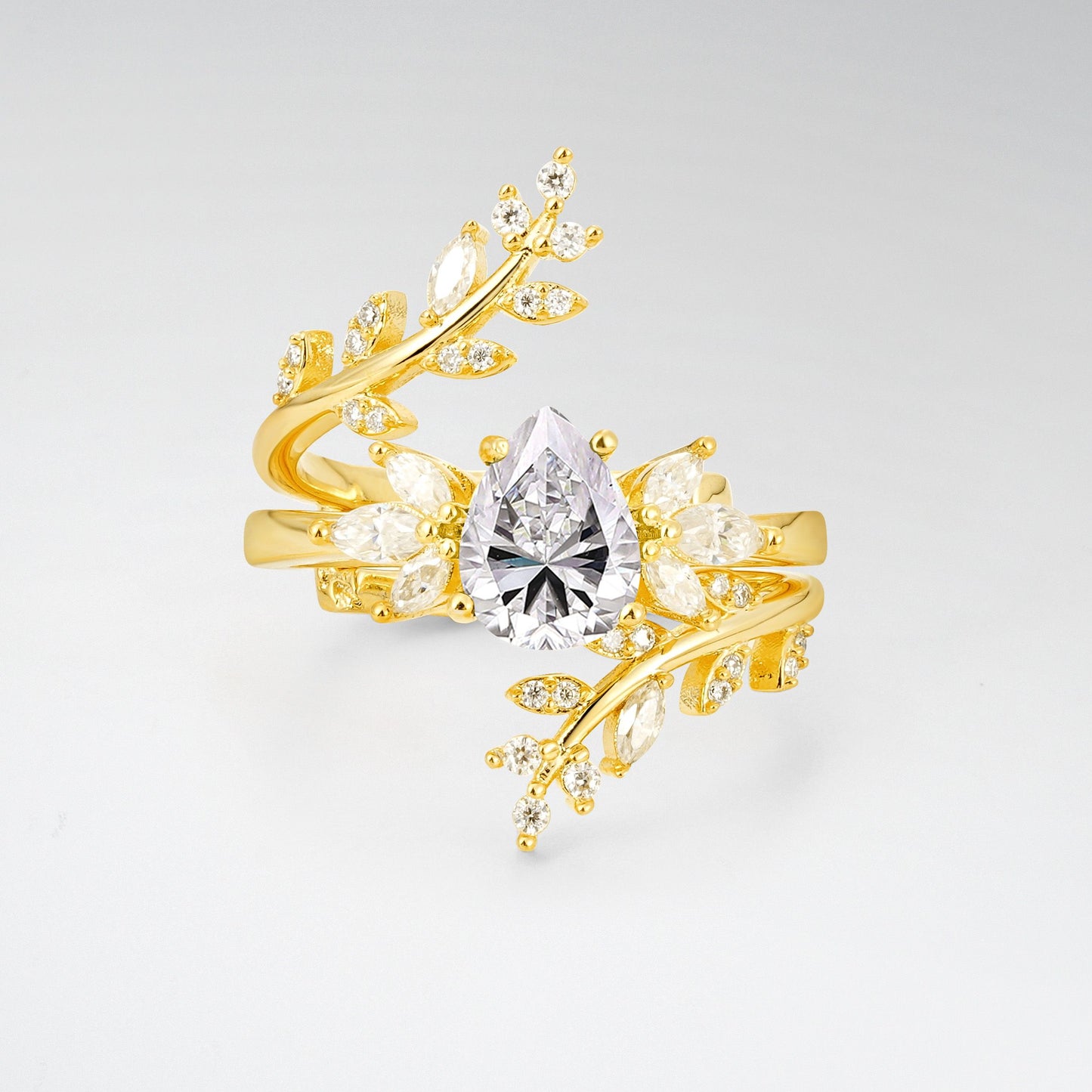 Pear Cut Lab Diamond Nature-Inspired Bridal Ring Set for Her - Yellow-Gold