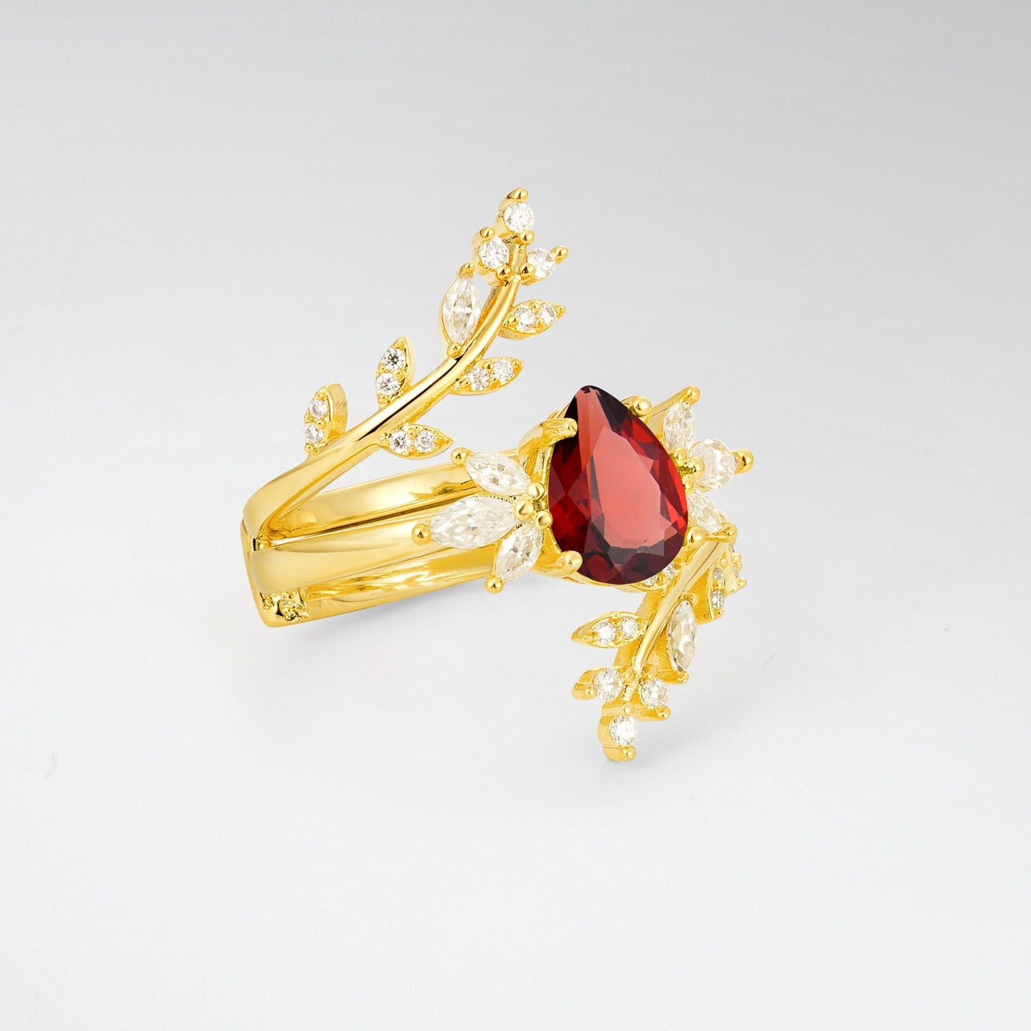 Pear Cut Garnet Nature-Inspired Bridal Ring Set for Her - Rose-Gold