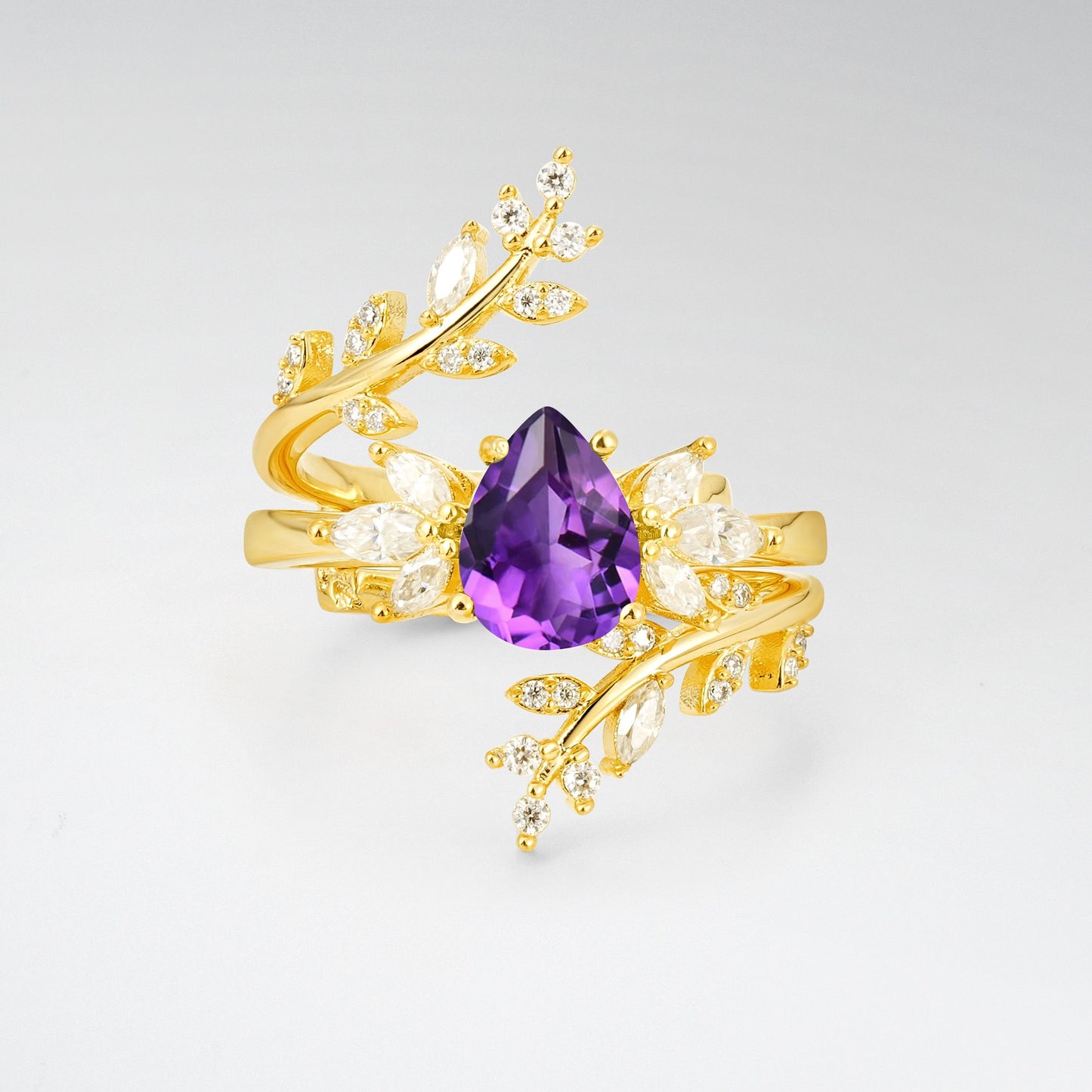 Pear Cut Amethyst Nature-Inspired Bridal Ring Set for Her - Yellow-Gold