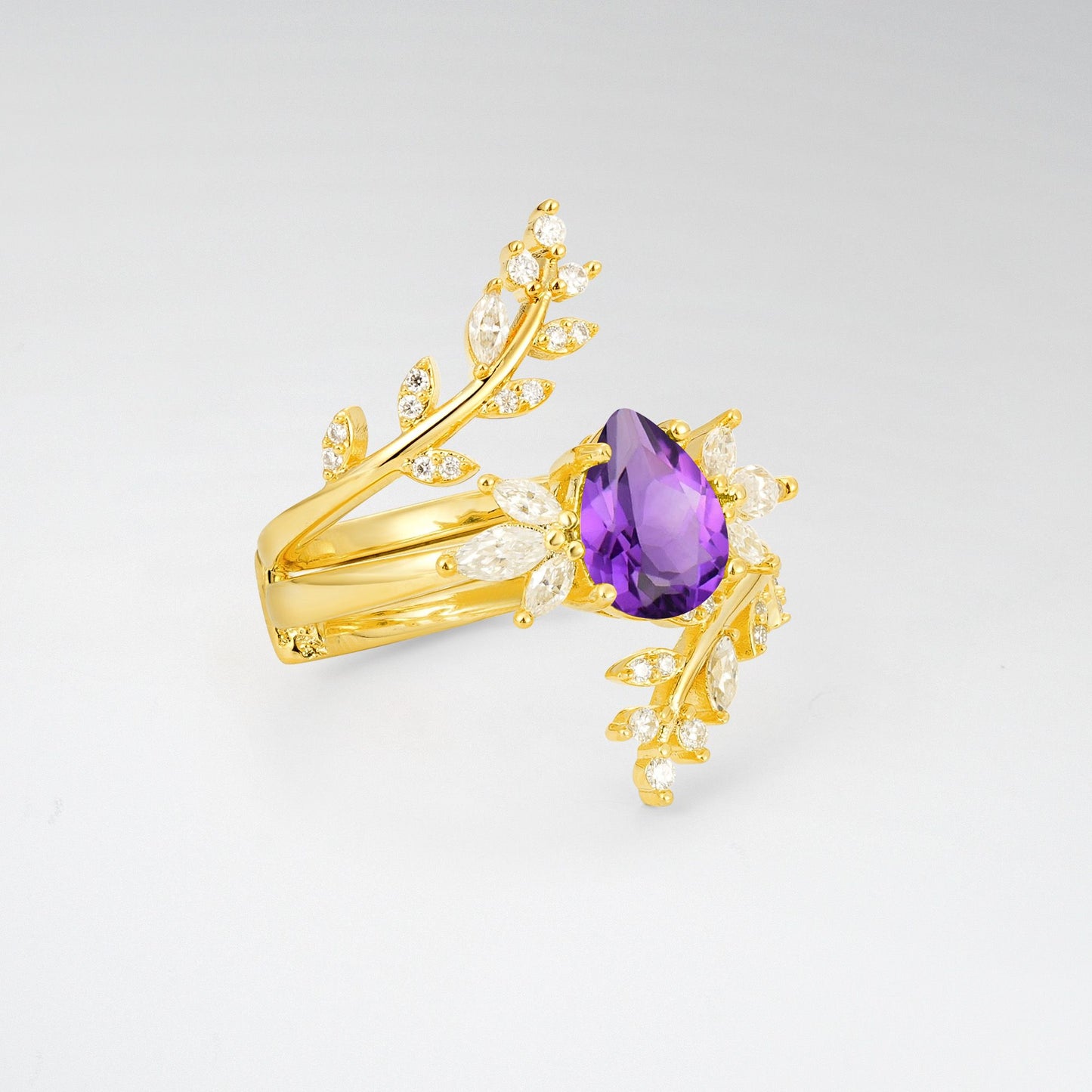 Pear Cut Amethyst Nature-Inspired Bridal Ring Set for Her - Rose-Gold