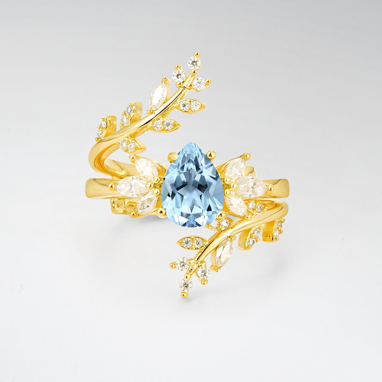 Pear Cut Aquamarine Nature-Inspired Bridal Ring Set for Her - Yellow-Gold