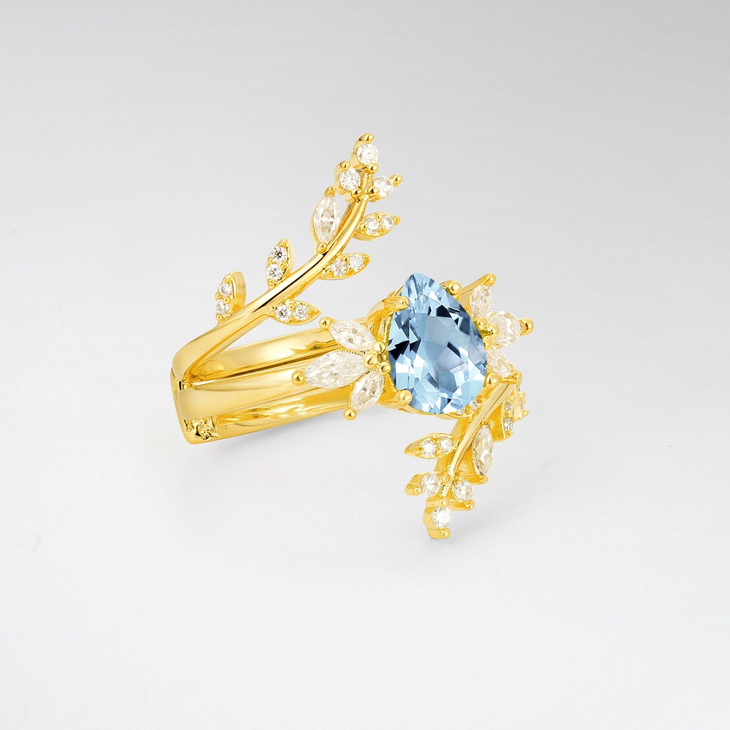 Pear Cut Aquamarine Nature-Inspired Bridal Ring Set for Her - Rose-Gold