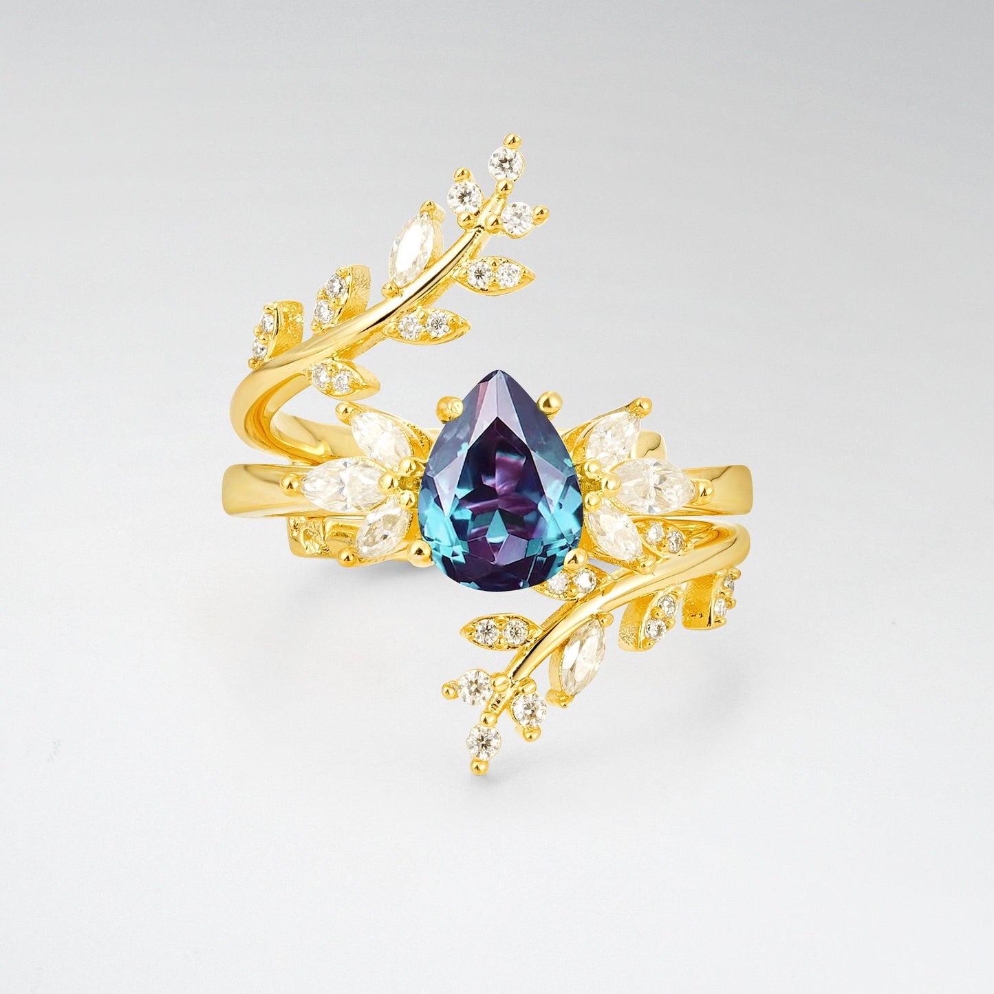 Pear Cut Alexandrite Nature-Inspired Bridal Ring Set for Her - Yellow-Gold