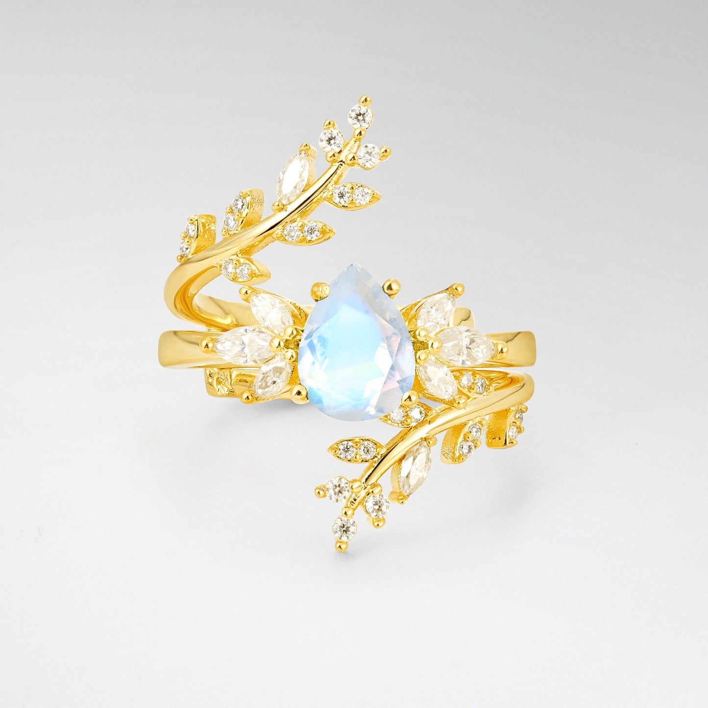 Pear Cut Moonstone Nature-Inspired Bridal Ring Set for Her - Yellow-Gold