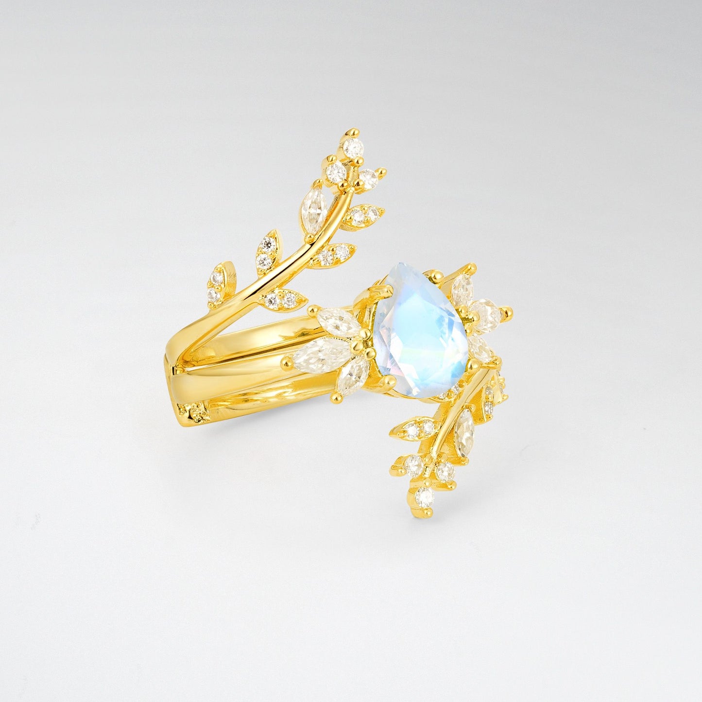 Pear Cut Moonstone Nature-Inspired Bridal Ring Set for Her - Rose-Gold